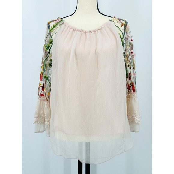 FLORA ASHLEY Womens S Pale Pink NWT Off-Shoulder Blouse Embroidered Bell Sleeves - Picture 3 of 11